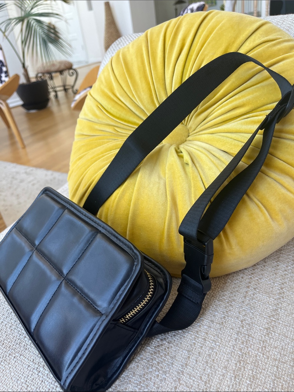 Amanda Uprichard Black Leather Double-Zip Belt Bag with Gold Hardware Accents